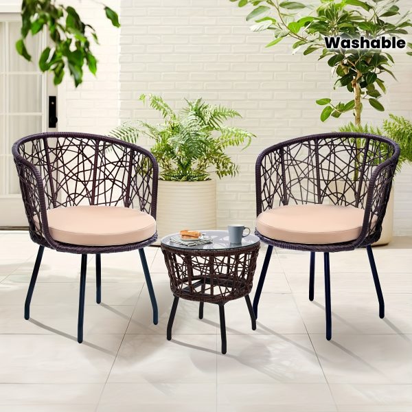 3pcs Bistro Set, Modern Furniture with Tempered Glass Table Top, 2 Chairs, Outdoor Wicker Patio Set, Washable Cushions,