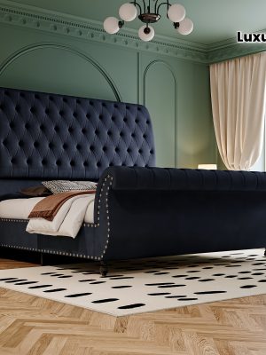 Luxurious Velvet Upholstered Sleigh Bed with Elegantly Scrolled Headboard and Footboard, Featuring a Button-Tufted Base, Box Spring Not Needed