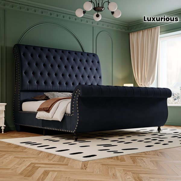 product-fmket-e765200cdd0ddeb6a90c7919dbc2403d Luxurious Velvet Upholstered Sleigh Bed with Elegantly Scrolled Headboard and Footboard, Featuring a Button-Tufted Base, Box Spring Not Needed