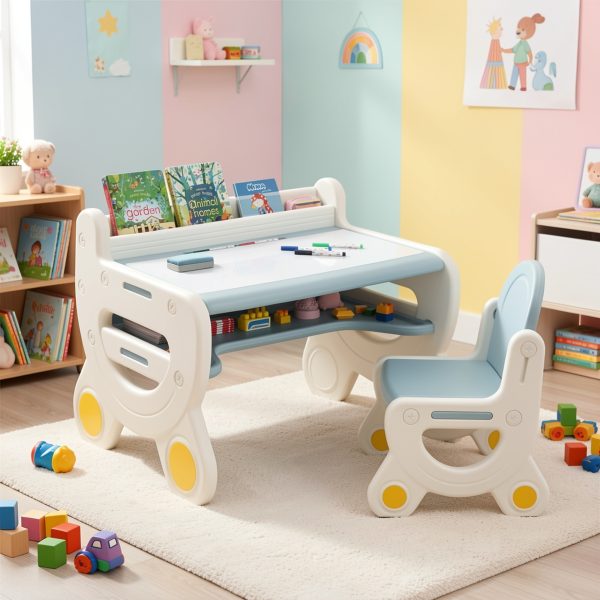 product-fmket-e98ea02fe95502fd64bf154619b58acc COSTWAY Kids Table and Chair Set with Graffiti Desktop, Bookshelf & Storage Shelf, Watercolor Pens & Eraser - Anti-Slip Foot Pads, Durable Plastic Activity Table and Chair Set for Ages 3-8 Years, Easy Assembly, Space-Saving Design with Lower Storage