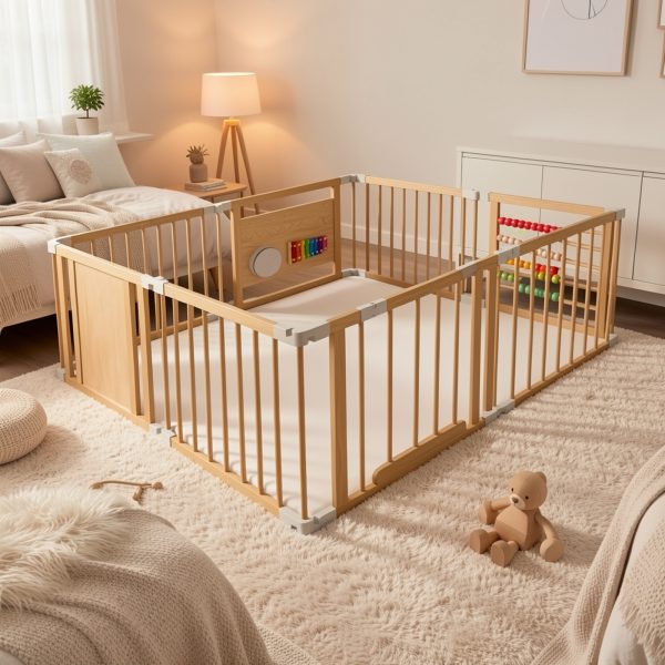 product-fmket-ebab1d3a873665bd124e4af2436210ff SLSY Foldable Wooden Baby Playpen Activity Center, Adjustable Size & Shape Portable Large Play Yard for Babies And Toddlers, Baby Fence Play Area Wood Gate 63"x63"x24"