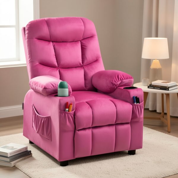 product-fmket-f38d6d99fb8d87d07e2c4bab801ee227 Girls' Pink Velvet Recliner Chair with Cup Holder & Storage Pocket - Heavy-Duty 300lb Capacity, Ergonomic Backrest & Armrests, Manual Recliner with Safety Belt - Modern Soft Cushioned Lounge Chair for Kids & Teens, Easy Assembly, Ideal for Bedroom, Living Room, Home Theater - Durable Wood Frame & Fabric, Ideal Gift for Girls 3-12 Years (Pink, Purple, Black, White, Grey Available), Lounge Chair for Teens, Comfortable Sitting, Playroom Seating, Stylish Recliner, Highcapacity Recliner, '