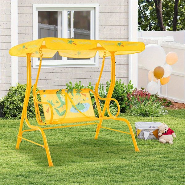 COSTWASY Kids Patio Swing, 2-Seater Swing Chair w/ Metal Stand & Adjustable Canopy, Outdoor Mini Swing w/ Safety Belts for Kids over 3, Porch Seating Solution, Adjustable Canopy Swing, Adjustable Canopy Design, Sturdy Metal Stand, Robust Swing Mechanism, Parents Of