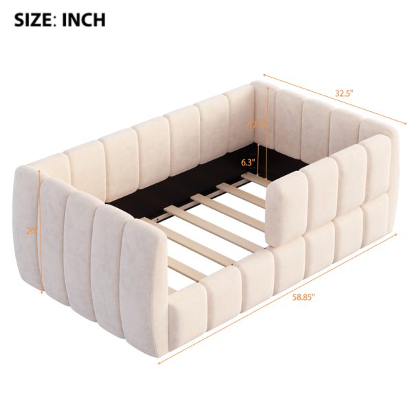 product-open-008422f1f1d341999d836407497a3e23-goods Upholstered Floor Daybed with Removable Guardrails, Compatible with Standard US Mattresses, Safety Bed with High Headboard And Footboard, Beige