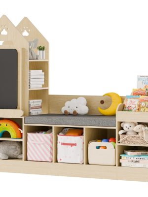 Bookshelf Featuring a Cozy Reading Corner, Wooden Organizer for Storage Equipped with a Chalkboard And Bench, Ideal Reading Nook for Boys And Girls, Shelf Suitable for Bedroom, Nursery, Or Playroom, Crafted from Natural Oak