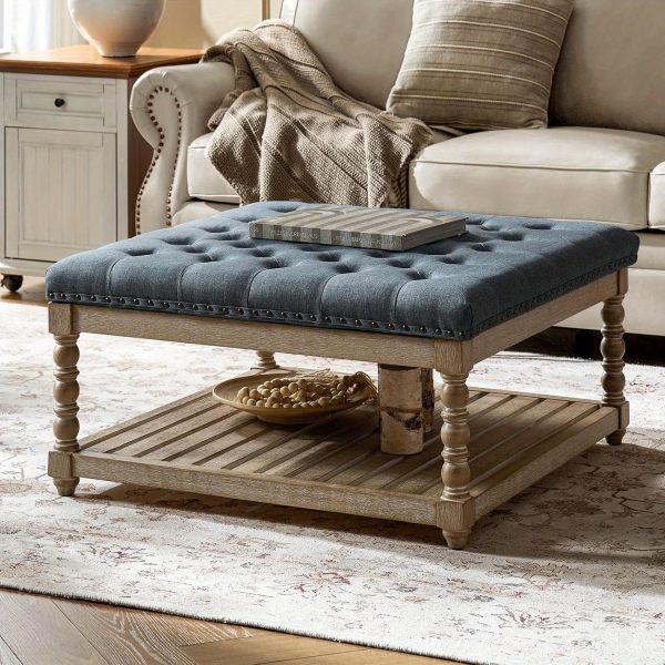 product-open-010b9db43ead4453b222c81841caff90-goods Rectangular Upholstered Coffee Table Ottoman Featuring Spindle Wooden Legs, Tufted Design, And a Solid Wood Storage Shelf for The Living Room