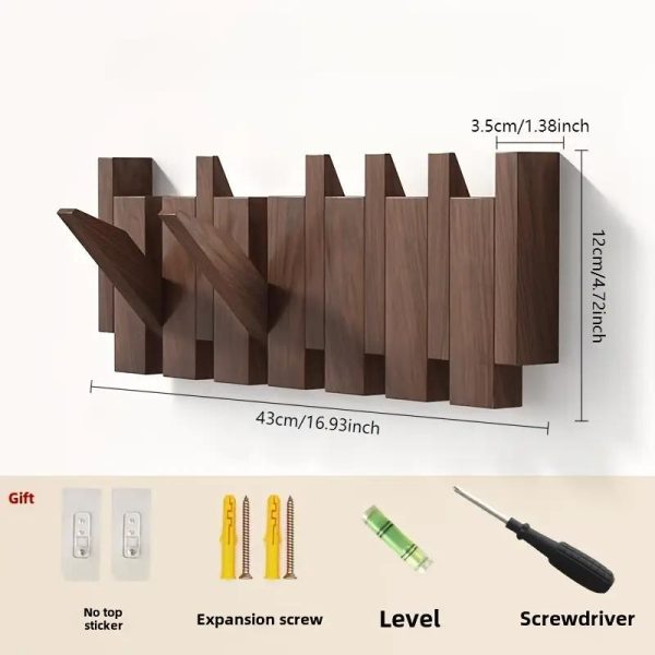 Modern Walnut Wooden, with 4/6/8/10/12 Hooks, Coat Rack, Hooks, Wall Mounted, Accordion, Entryway, Bedroom, Bathroom, Solid Wood, Smooth Polishing, Stable Adhere, Holds 22 Lbs, Floating Shelves