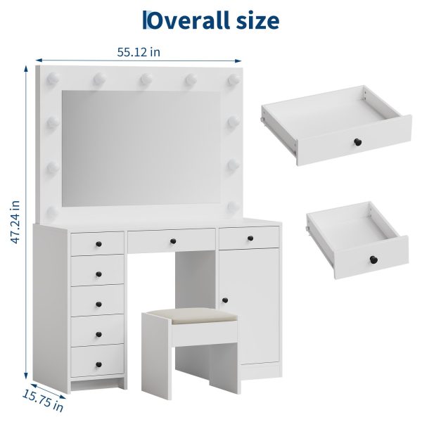 White Makeup Vanity With Mirror, Vanity Desk With 7 Storage Drawers And 1 Cabinet. Large Table Top, Space Saving, Home Organizer.