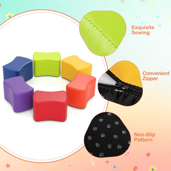 product-open-02339468d5f34fd6b5b3abc0a92aeb9a-goods COSTWAY 6pcs Modular Butterfly Stools Set with Soft Foam Seats & PU Cushioned Covers - Lightweight Stackable Stools, 10" Height, 5.5" Square Base, Vibrant Colors (, Green, Yellow, Red, Purple) for Home, Preschool, Daycare, Classroom - Durable
