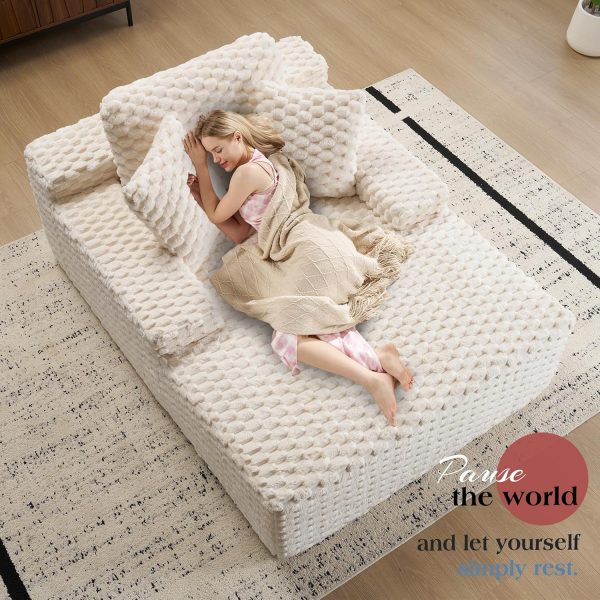 product-open-02b9dcda54424e22a52a4b2556a08d65-goods 67" Chaise Lounge Sofa Bed with Faux Fur Upholstery, No Assembly Sleeper Couch with Memory Sponge Support, Ergonomic Plush Design with Throw Pillows and Thick Padding, Modern Comfortable Sofa for Living Room Bedroom Apartment, Grey & White Available