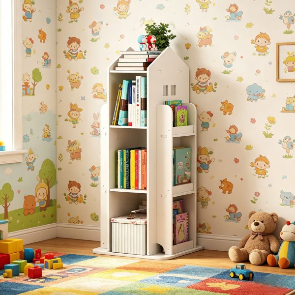 product-open-0321958a47304d409c342f99c5d1ebc8-goods 4-Tier Rotating Bookshelf, 360° Display Book Shelf, Floor Standing Bookcase, Children's Bookshelves for Bedroom, Living Room, Study Room ( WHITE Color)