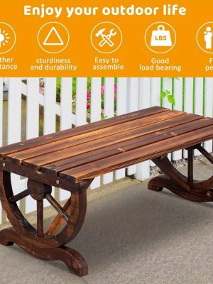 Bonnlo Outdoor Wooden Bench, with Wagon Wheel Legs, All-Weather, for 2 Person, for Garden, Lawn, Yard And Park, Rustic, 38.5''