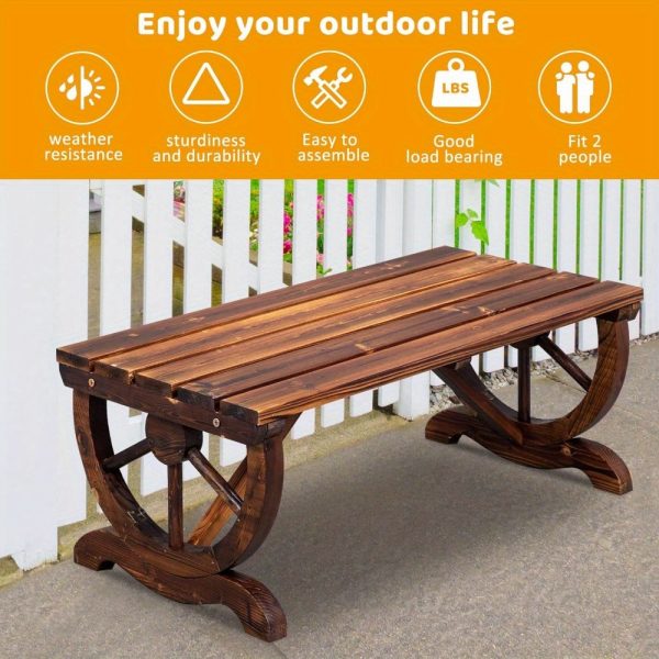 product-open-03393fc6564d44a2ab291fd9f1a893f6-goods Bonnlo Outdoor Wooden Bench, with Wagon Wheel Legs, All-Weather, for 2 Person, for Garden, Lawn, Yard And Park, Rustic, 38.5''