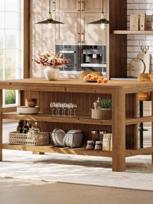 63-Inch Solid Wood Kitchen Island with Ample Storage Shelves, Farmhouse Style Kitchen Island Table with Seating, Counter Height Bar Table for Dining Room & Kitchen, Sturdy Construction & Easy to Assemble