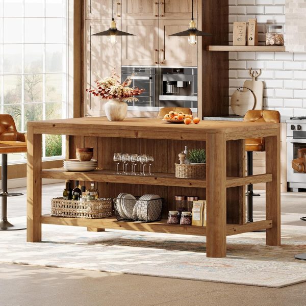 product-open-0492d6c27f6d4214b166cb72e522fdbb-goods 63-Inch Solid Wood Kitchen Island with Ample Storage Shelves, Farmhouse Style Kitchen Island Table with Seating, Counter Height Bar Table for Dining Room & Kitchen, Sturdy Construction & Easy to Assemble