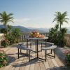 product-open-04bf9f96791d4f87917ff3987edac38e-goods 8-Person Round Picnic Table Set, 37-Inch Outdoor Dining Table with 4 Curved Benches And Umbrella Hole, HDPE Top And Metal Frame, Circular Patio Camping Table for Backyard, Garden, Lawn, Porch