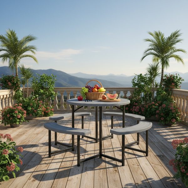 product-open-04bf9f96791d4f87917ff3987edac38e-goods 8-Person Round Picnic Table Set, 37-Inch Outdoor Dining Table with 4 Curved Benches And Umbrella Hole, HDPE Top And Metal Frame, Circular Patio Camping Table for Backyard, Garden, Lawn, Porch