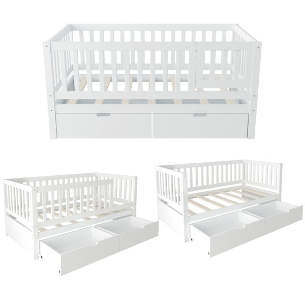 Convertible Bed with Storage Drawers, 3-In-1 Solid Wood Kids Daybed with Removable Guardrails, Compatible with Standard US Mattresses, White