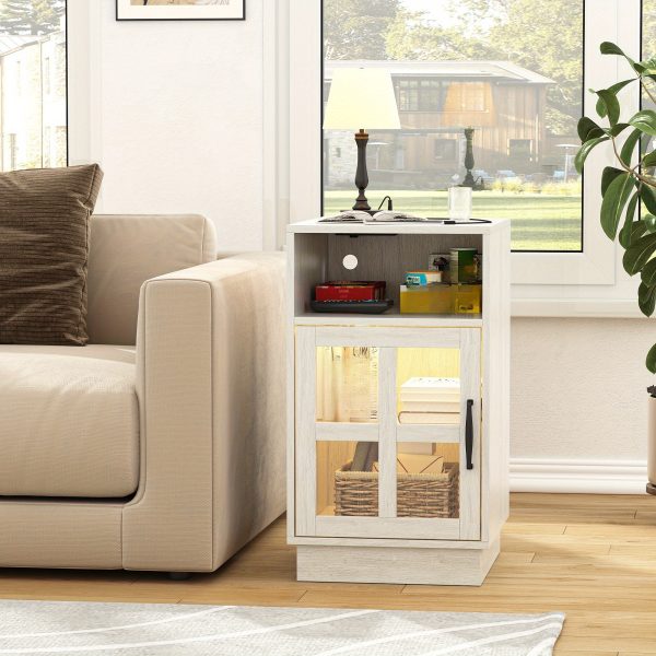 product-open-052fa625171248d89b6dbe8f36f44693-goods End Tables for Living Room with Charging Station & LED Light, Nightstand with Glass Door & Adjustable Shelf, Bedside Table with USB Ports, Modern Storage Cabinet for Bedroom, Black Smart Side Table