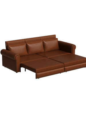 93.7' Bohemian Chesterfield Sofa Bed: 3-in-1 Convertible Sleeper with Faux Leather Upholstery, Nailhead Trim & Rolled Arms, Light Brown Pull-Out Couch Suitable for Small Spaces, Apartments, Dorms, Guest Rooms - Assembly Required