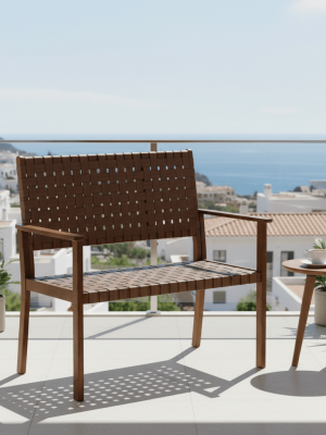 MULTIGOT Hand-Woven PU All-Weather Outdoor Bench with Solid Rubber Wood Frame - Heavy-Duty 400lb Capacity Patio Loveseat Chair, Wide Backrest & Armrests, Brown Wicker-Like Texture, Low-Maintenance Garden Furniture for Porch, Deck