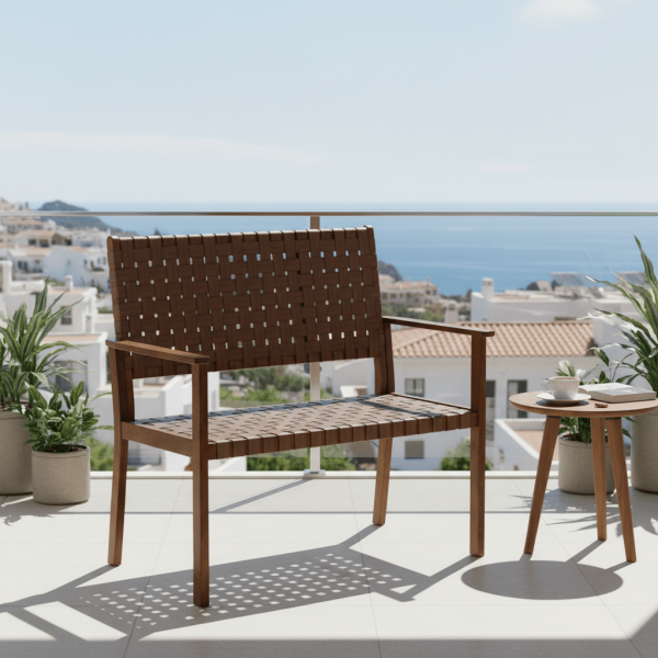 product-open-062f700e4e1843df98aa156532f3de7e-goods MULTIGOT Hand-Woven PU All-Weather Outdoor Bench with Solid Rubber Wood Frame - Heavy-Duty 400lb Capacity Patio Loveseat Chair, Wide Backrest & Armrests, Brown Wicker-Like Texture, Low-Maintenance Garden Furniture for Porch, Deck