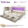 product-open-06f8eef5cadd49a2a4b96e580780c15a-goods PAPAJET Storage Corner Bed Frame with Bookcase Headboard LED Lights Charging Station and Drawers Farmhouse Platform Bed for Bedroom