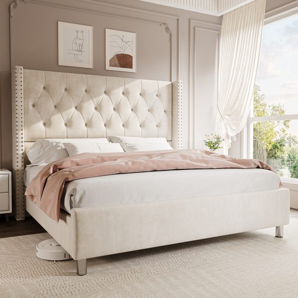 product-open-0738a7444edb41fca99044926633c7ec-goods LUXOAK Modern Luxury 50" Wingback Bed Frame with Plush Beige/White Velvet Upholstery - Queen/King Size Platform Bed, Button Tufted Headboard & Nailhead Trim, Sturdy Frame, No Box Spring Needed, Easy Assembly (30-Min Setup)