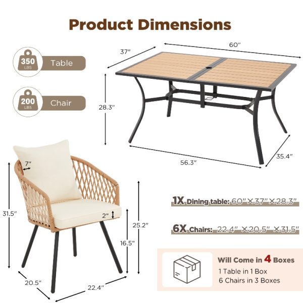 product-open-0749fb75ccdd411782df981998c156a4-goods Outdoor Dining Set for Seven, Featuring a Rectangular Table with an Umbrella Hole And Six Rattan Chairs, Suitable for All Weather Conditions, Perfect for Your Backyard, Lawn, Or Garden
