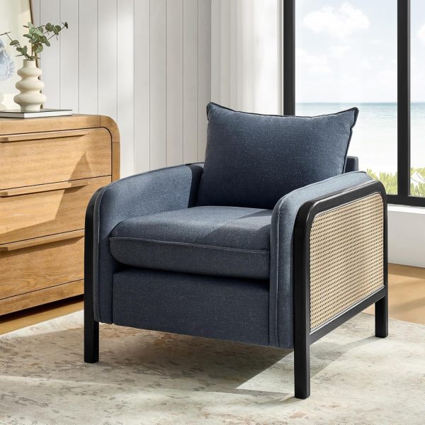 product-open-074a46834a604f969c924b2346d3a342-goods Modern Woven Rattan Accent Chair with Wooden Armrests & Legs - Detachable Cushion, Upholstered Seat, Natural Brown Finish for Living Room, Bedroom, or Makeup Room - Easy Assembly, Durable Polyurethane & Hardwood Construction, Bedroom Seating, Elegant Seating Option, Sturdy Construction, Home Decor Lovers