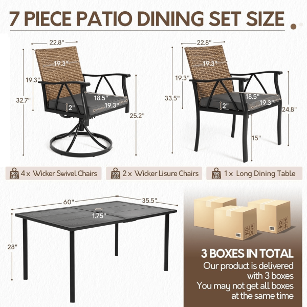 product-open-07a060cb072b46e7832fd0cd24d55f7d-goods Andehomy 7pcs Patio Dining Set with 6 Chairs And 1 Table, Outdoor Dining Set with 2 Wicker Swivel Patio Dining Chairs with Cushions & Black, Rectangular Woodgrain Metal Dining Table with 1.75" Umbrella Hole, Black & Brown