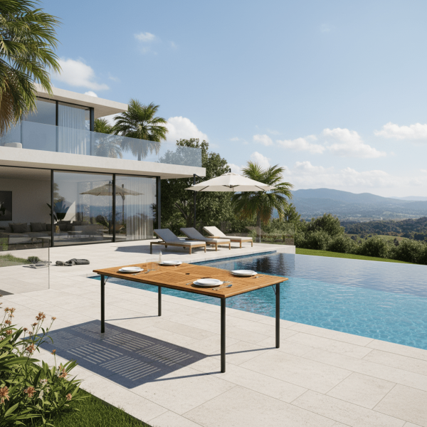 product-open-07ba65621a1d49b5aad02be0df908ffa-goods Large Outdoor Acacia Wood Dining Table with Umbrella Hole - 6-Person Rectangular Patio Table, Heavy-Duty Metal Frame & Slat Tabletop, for Garden, Backyard, Poolside, Deck (63"L x 36"W x 30"H) - Easy Assembly, Wood