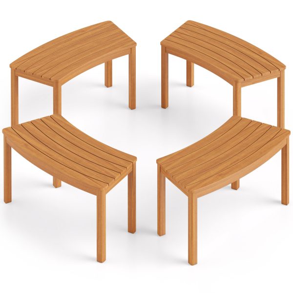 [Acacia Wood Benches] 4 Packs Outdoor Curved Bench, Acacia Wood Fire Pit Benches With Slatted Seats, Tree Benches Wrap Around For Patio, Garden And Backyard, 400 Lbs Weight Capacity Each