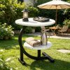 [Outdoor Patio Table] 2-Tier Outdoor Patio Side Table, C-Shaped Weather Resistant Faux Marble End Table with Sturdy Metal Frame, Perfect for Garden, Backyard, Balcony, Poolside, Small Spaces, Indoor & Outdoor Use