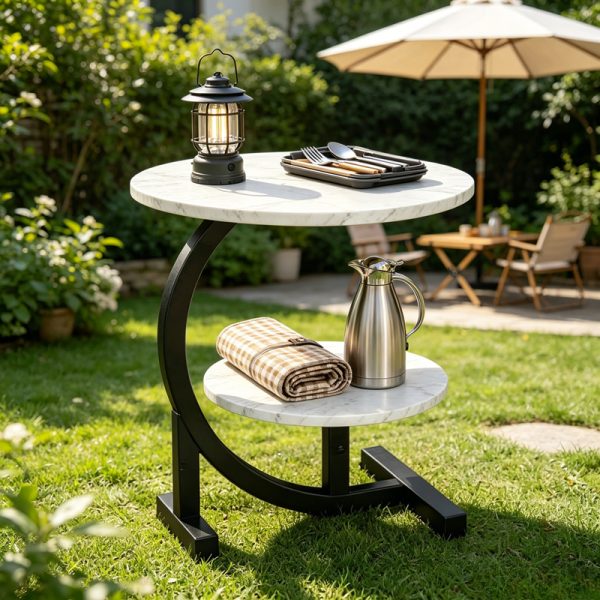 [Outdoor Patio Table] 2-Tier Outdoor Patio Side Table, C-Shaped Weather Resistant Faux Marble End Table with Sturdy Metal Frame, Perfect for Garden, Backyard, Balcony, Poolside, Small Spaces, Indoor & Outdoor Use