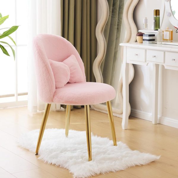 product-open-08990e2565a04ad3bf3c28cc2f0e5284-goods Girls Vanity Chair with Backrest, Small Lounge Chair Without Wheels, Comfy Chair with Bow Cushions, Makeup Chair with Adjustable Golden Legs, Comfortable Chair for Bedroom, Living Room, Small Space