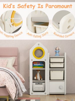 COSTWAY Kids Storage Organizer, Multipurpose Chest and Bookshelf w/ Mobile Trolley, Enclosed Cabinets & Storage Bins, Side Bookshelves, Storage Cabinet w/ Unique Roof