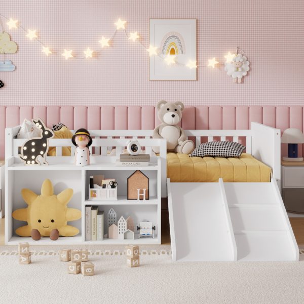 product-open-08e814461bbd458eb9d53d3799cf7dad-goods Twin Size Low Loft Bed for Kids with Slide, Movable Bookshelf Storage, Guardrails, Low Loft Bed Frame for Kids, White (Expect Arrival Date 2026/4/3)
