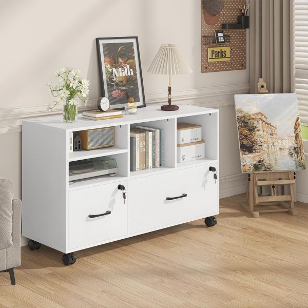 product-open-0907b898706343e9b9b091fd3fb4eb5a-goods 2 Drawer Wood Mobile Large Lateral File Cabinet with Lock, Lockable Rolling Filing Cabinet with Storage Shelves, Printer Stand Office Storage Cabinet for Home Office Fits Files Legal/A4, White