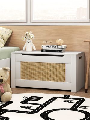 COSTWAY 31.5" Large Kids Chest with Flip-Top Lid & Safety Hinge, Sturdy Rattan & Wood Construction Storage Box with Cut-Out Handle & Side Grips - Multifunctional Organizer for Nursery, Playroom, Bedroom, Entryway - & Modern Storage Furniture
