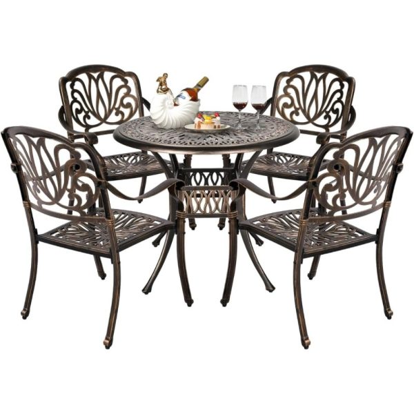 product-open-09f1630449904038b37b9ae38e2da00c-goods Bonnlo 5pcs Outdoor Dining Set Cast Aluminium Patio Furniture with 4 Chairs and 1 Umbrella Table for Garden Porch Poolside Weather-Resistant Bronze