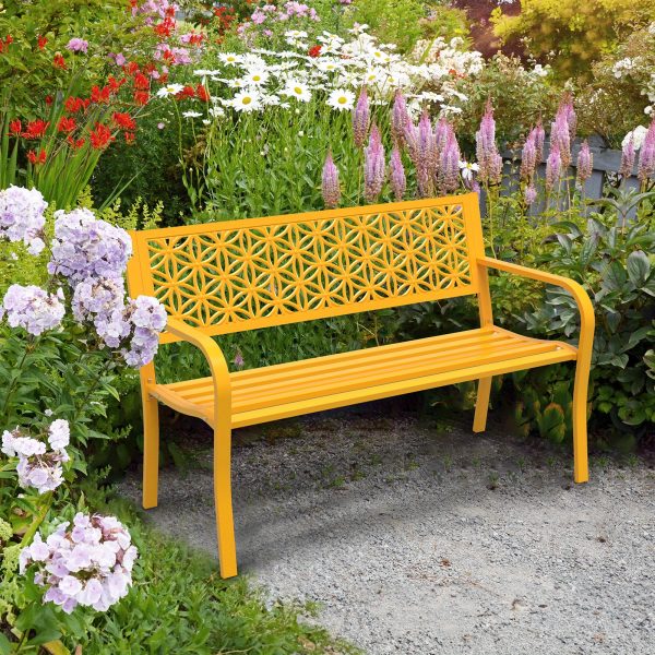 product-open-0a31ce8925aa479890d45b284eb4b16f-goods 50" Outdoor Bench Metal with Floral Back, Garden Bench Front Porch Bench for Yard Patio Entryway Park Outside, 800lb Capacity