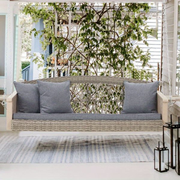 product-open-0a478938ce6d4067a5bc113ad3e97b58-goods Gray 3-Person Wicker Porch Swing Featuring a 1.5-Foot Cup Holder, a 55-Inch Patio Hanging Swing Bench Complete with Cushions, And a Weight Capacity of 800 Pounds