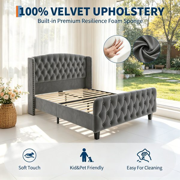 product-open-0aa8cb9175d443d79b5bbc5f8867894f-goods Modern Queen Platform Bed Frame with Wingback Headboard - Cream Beige Suede Upholstery, Deep Button Tufted, Sturdy Slats & Noise-Free Base, No Box Spring Required, Easy Assembly Suitable for Luxury Bedroom Furniture