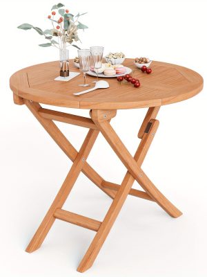 COSTWAY 31.5" Solid Indonesia Teak Wood Round Folding Patio Table - Portable Outdoor Dining Table with X-Frame Stability, 220lb Capacity, Natural Finish for Backyard, Poolside & Balcony, Classic Design