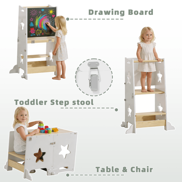 3-In-1 Kitchen Step Stool, Foldable Learning Standing Tower with Blackboard, Wooden Kitchen Stool Helper for Kids, Old Boy Girl Gifts