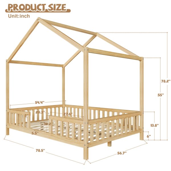 product-open-0b8e2538b3934f588b5b4d496f3776a2-goods Full Bed Frame for Kids, House Shape Bed Frame with High Railings, Wood Kids Bed with Roof, Kid Full Bed, Natural