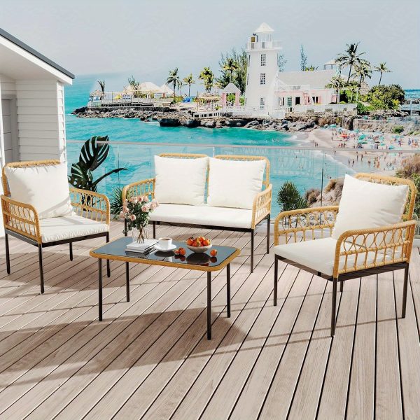 product-open-0b9e7d5917474eebb1b0c2c102370dfd-goods Senfot 4pcs Outdoor Patio Furniture Set with Table, All-Weather Boho Wicker Rattan Patio Sectional L-Shaped Sofa, Metal Frame, Detachable Cushions, for Patio, Balcony, Backyard, Deck, Beige