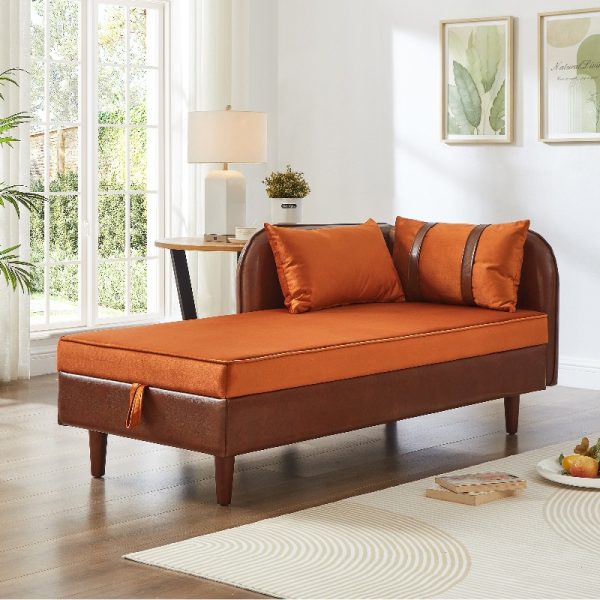 product-open-0c14848b3c9f4d209fb4a0dc7b4414cf-goods 65-Inch Storage Chaise Lounge Sofa in Brown PU And Orange Velvet