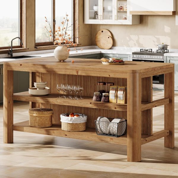 product-open-0c2d9c8a2a8a4b74bccda438de3b66cf-goods 63-Inch Solid Wood Kitchen Island with Ample Storage Shelves, Farmhouse Style Kitchen Island Table with Seating, Counter Height Bar Table for Dining Room & Kitchen, Sturdy Construction & Easy to Assemble